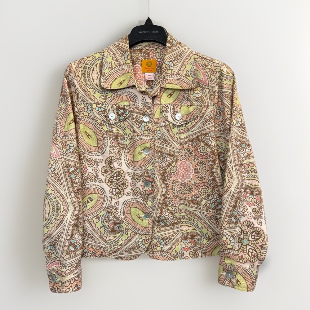 Ruby Rd Petite 14P Paisley Print Button Front‎ Cotton Jacket Brown Floral Cotton